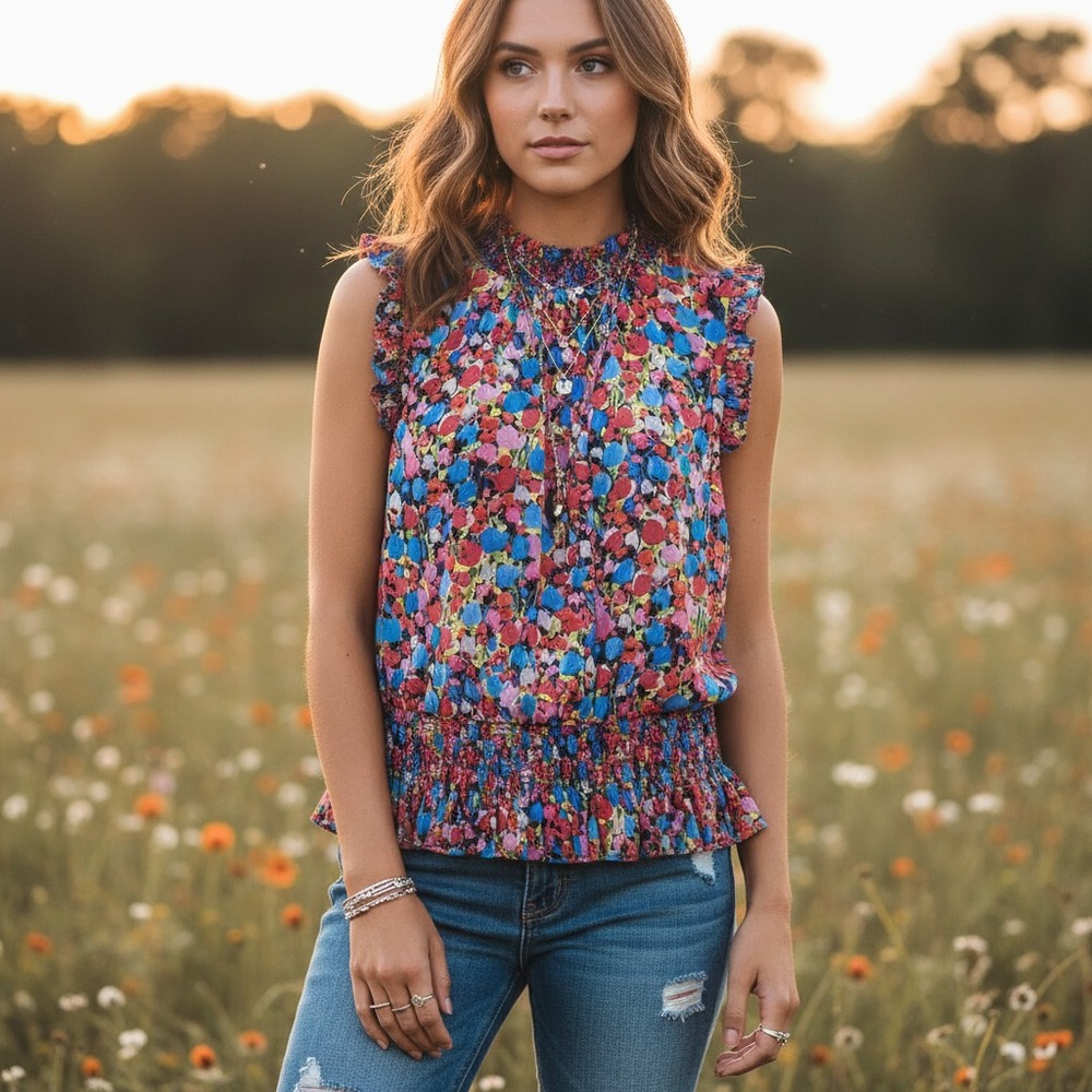 J Crew 2 Top Floral Mock Neck Ruffle Coquette Boho Whimsy Artsy Dopamine Fairy